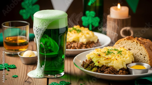 St. Patrick's Day celebration with green beer, shepherd's pie, and bread on a wooden table with a candle and shamrocks in the background, conveying a festive mood with warm tones.