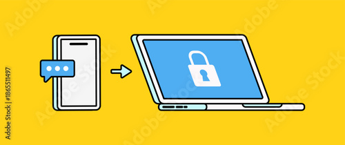 Flat illustration showing a smartphone sending a message to a laptop with a lock icon. Represents secure communication, data privacy, encryption, and safe digital transfer concepts vector hand drawn