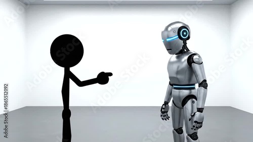 Stick Figure Accusing Robot in Empty Room Concept.