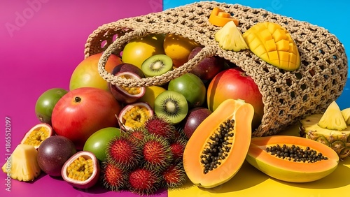 Tropical Fruits Spilling from Woven Bag