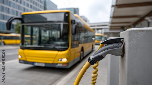 Electric Bus Charging Station with Yellow Bus in Urban Setting, City Background
