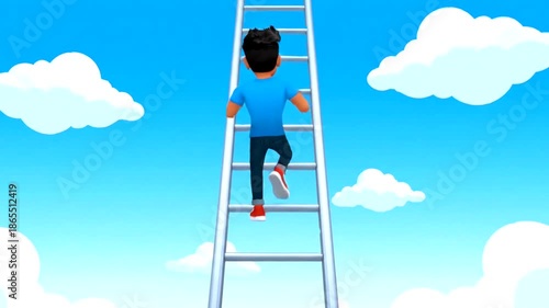 Man Climbing Ladder to Sky, Achievement Concept, Cartoon Style.