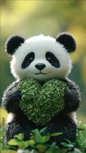 Stuffed panda holding a heart of green leaves, representing eco-friendliness and love for nature.