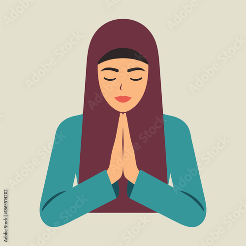 A serene Muslim woman in a hijab praying with clasped hands and closed eyes.
