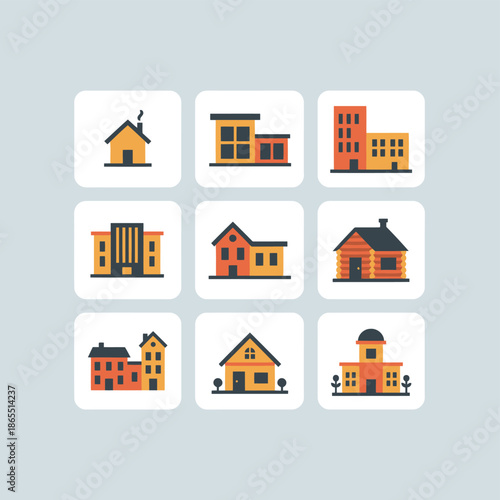 Residential Real Estate and Housing Icons Set Featuring Various House Styles Cottage Apartment Cabin Suburban Home and Modern Living Architecture Symbols for Agency