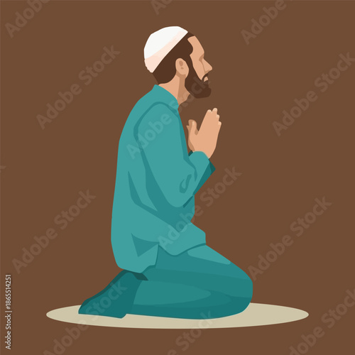 A Muslim man with a beard and kufi kneels in prayer or meditation on a mat, depicted in a flat vector illustration.