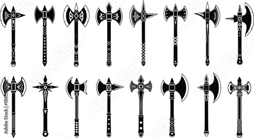 Medieval battle axe vector silhouettes set, ancient viking and warrior weapon icons, fantasy hatchet and mace symbols for gaming and historical design, isolated.
