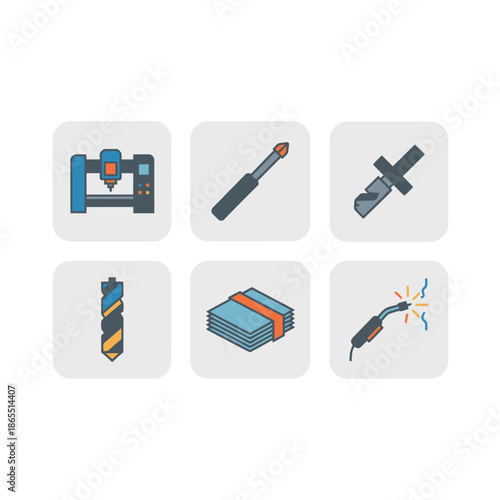 Industrial Machine Tools and Workshop Icons Set Featuring Milling Machine Screwdriver Drill Bit Welding Torch and Metal Plates for Manufacturing Process