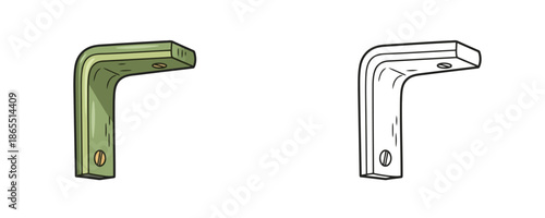 L-shaped metal corner bracket in cartoon sketch style with green and bronze colors representing hardware fastener or furniture reinforcement on white background