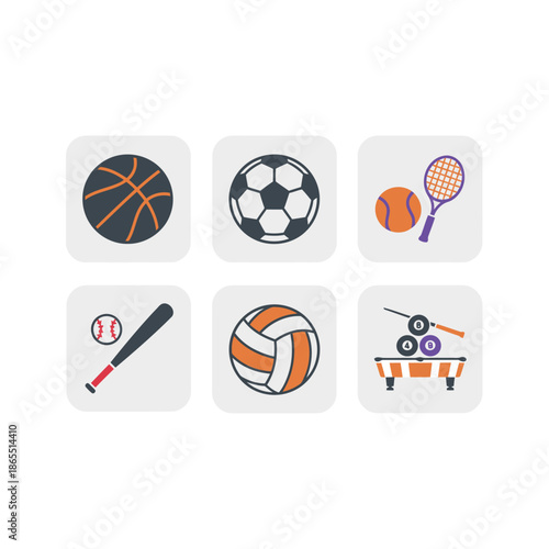 Competitive Sports and Athletic Games Icons Set Featuring Basketball Soccer Ball Tennis Racket Baseball Bat Volleyball and Billiard Table Symbols for Exercise