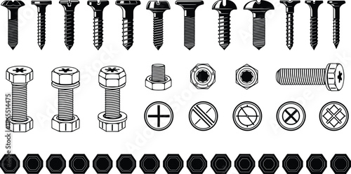 Technical hardware vector set, collection of industrial screws, bolts, nuts and steel fasteners, metal construction equipment and wood screw heads, isolated icons.