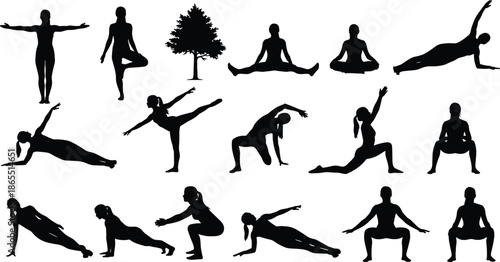 Yoga and fitness silhouettes vector set, women practicing meditation, pilates and stretching exercises, healthy lifestyle icons for wellness and gym branding, isolated.