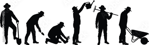 Gardener silhouettes set showing planting watering raking wheelbarrow tasks, professional farming and gardening activities, black isolated vector illustration