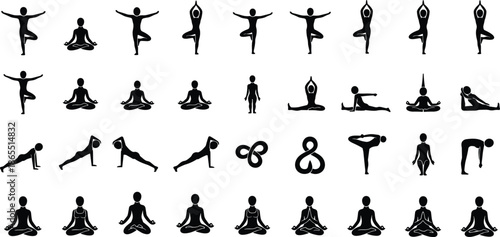 Yoga poses and meditation silhouettes vector set, people practicing mindfulness, flexibility and zen exercises, fitness wellness icons for health and spa, isolated.