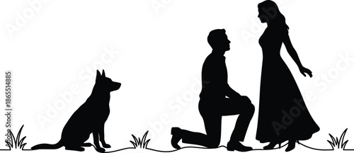 Man kneeling marriage proposal silhouette with dog watching romantic couple engagement love commitment outdoor scene isolated illustration evening garden concept