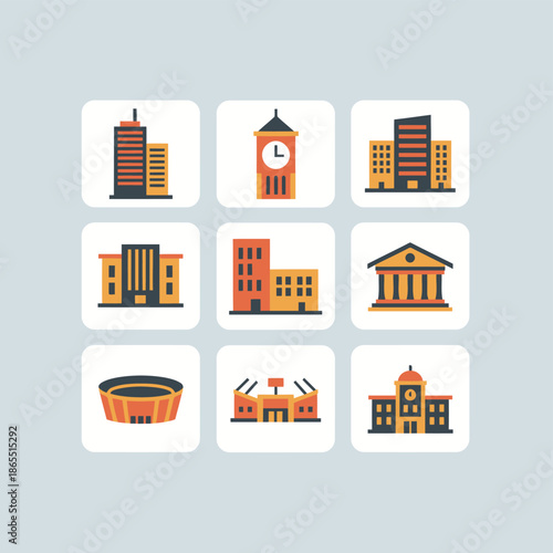 Modern city architecture and public building icon set with skyscrapers clock tower bank stadium and government office structures for urban development and real estate