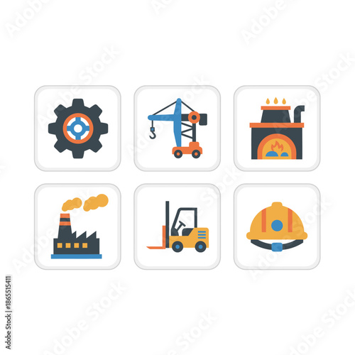 Heavy industry and manufacturing icon set featuring gear crane factory furnace forklift and safety helmet flat vector illustrations for production and logistics concepts