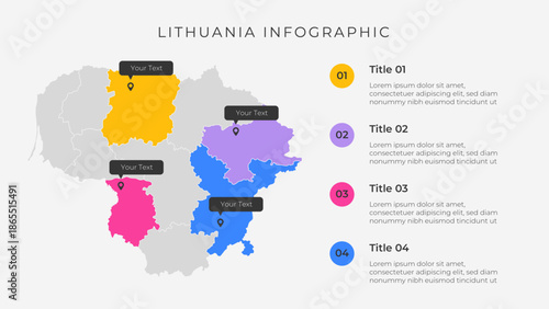 Lithuania map infographic template with 4 options. Lithuania political map infographic for presentation.