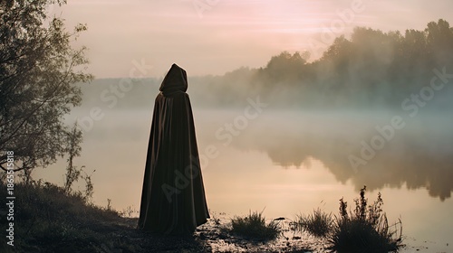 Mistveiled Sentinel: Hooded Figure at Dawn Lake