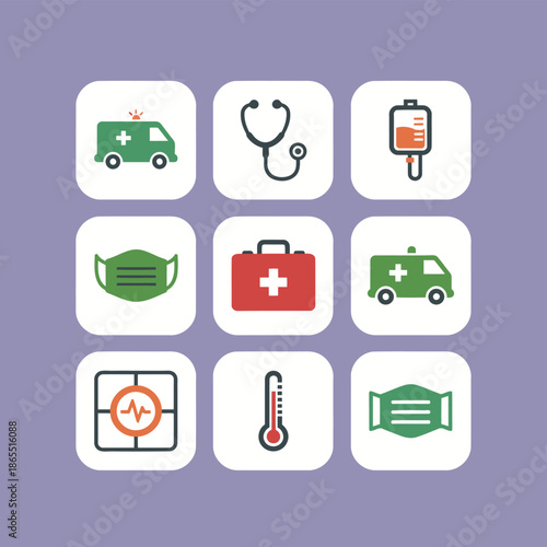 Medical and healthcare icon set with ambulance stethoscope iv drip surgical mask first aid kit and heart rate monitor for hospital services