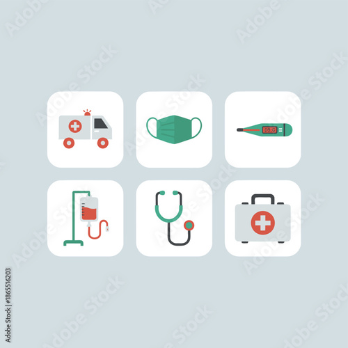 Medical health care and emergency equipment icons set including ambulance medical face mask thermometer iv drip stethoscope and first aid kit for hospital service