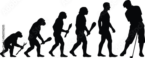 Human evolution silhouettes progression from primitive ape to modern man and elderly figure, walking stages, black isolated vector illustration