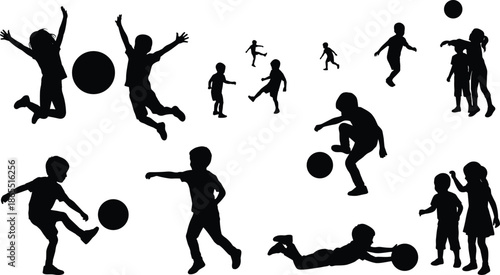 Kids silhouettes playing ball set with jumping running kicking poses, active childhood fun scenes, black isolated vector illustration