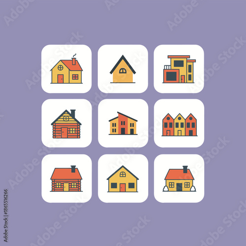 Residential architecture and real estate icons set showing various house styles including cottage modern villa log cabin townhouses and suburban homes for property market