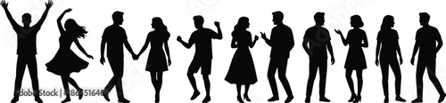 People silhouettes collection showing social interaction, dancing, walking, talking poses, diverse men and women figures, black isolated vector illustration