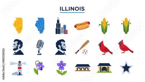 Illinois State Symbols Flat Design Icon Set with Abraham Lincoln, Chicago Skyline, Cardinal Bird, Corn, and Baseball for Cultural Projects