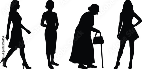 Female silhouettes set showing women walking, standing, elderly lady with cane, fashion poses, black isolated vector illustration design