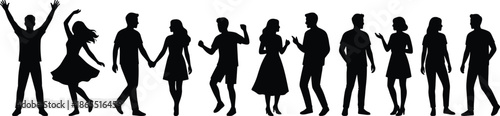 People silhouettes set with social interaction poses, dancing walking talking couples, men and women figures, black isolated vector illustration