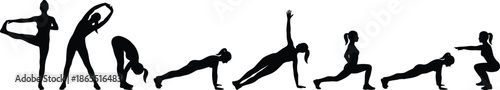 Yoga fitness silhouettes set showing stretching balance lunges squats poses, female workout routine, healthy lifestyle, black isolated vector illustration