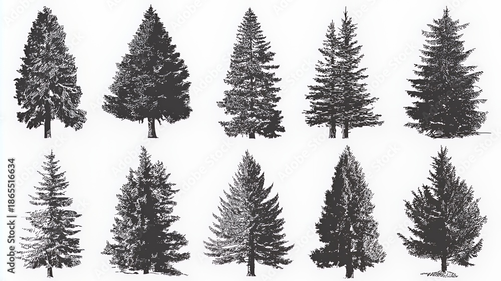 Obraz premium Vintage Pine Tree Illustrations: Black and White Evergreen Art Collection