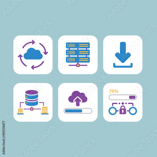 Cloud computing and data server icons set featuring cloud sync database storage download upload progress bar and network security for modern digital information technology