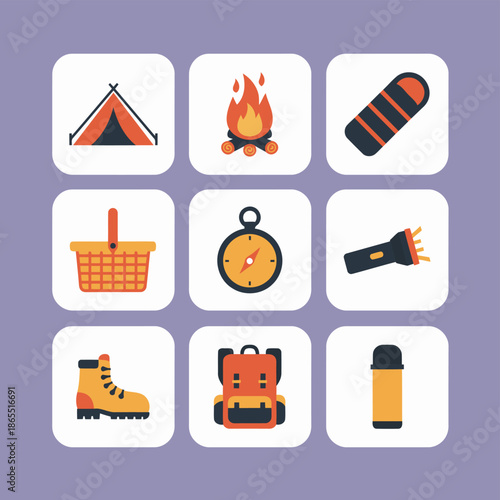 Camping and outdoor adventure equipment icons set including tent campfire sleeping bag picnic basket compass flashlight hiking boot and backpack for leisure travel