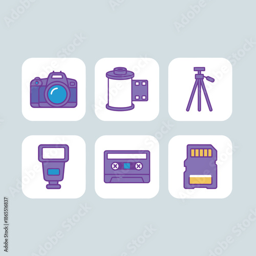 Multimedia and creative studio equipment icons set featuring professional camera film roll camera tripod speedlight cassette and SD card for audio visual content creation