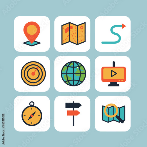 Navigation and location map icons set featuring GPS pin, folded map, route direction, target, globe, video navigation, compass, street signs and search tools for travel and discovery