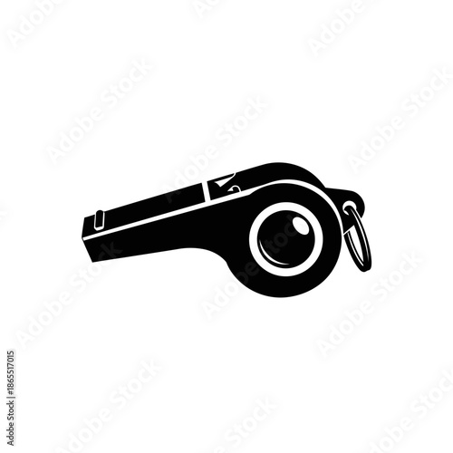A striking black and white illustration of a sports referee whistle