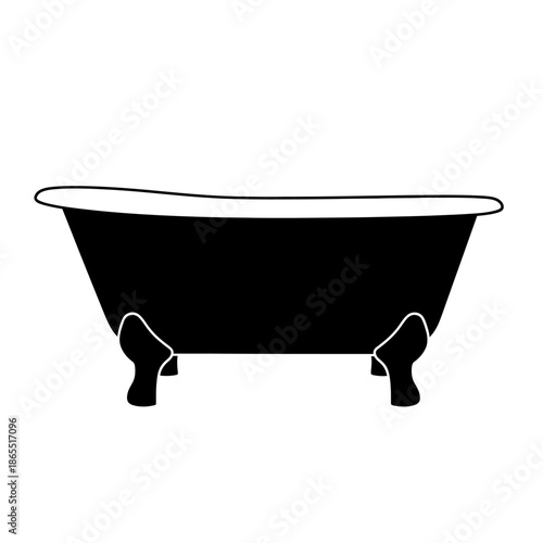A simple black and white illustration of a classic clawfoot bathtub
