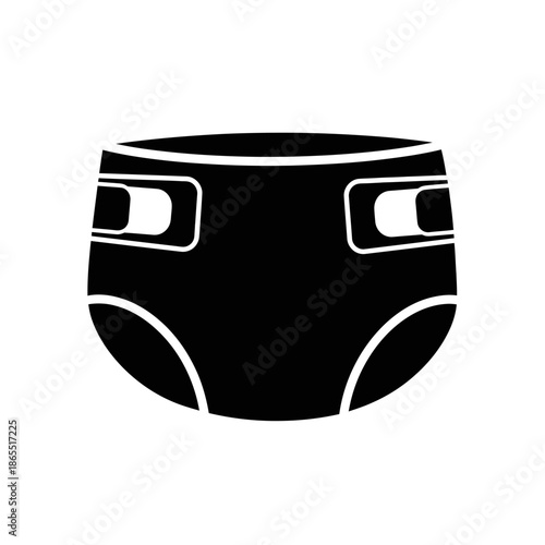 Simple black and white illustration of a baby diaper icon