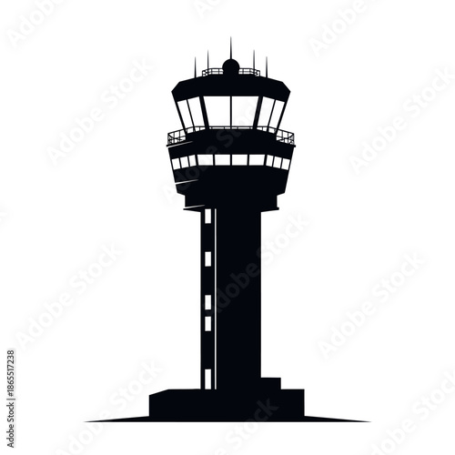 A striking silhouette of an air traffic control tower against a white backdrop