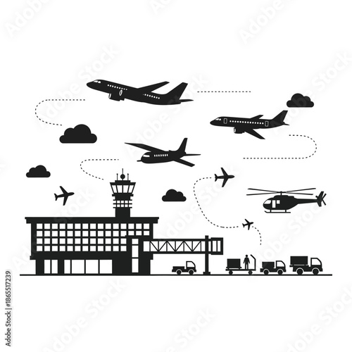 Airport scene with various aircraft control tower and ground transportation