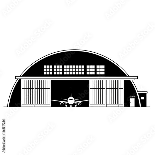 Black and white illustration of an airplane hangar with an aircraft inside