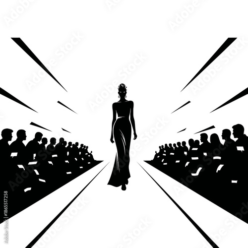 A striking silhouette of a model walking a runway before a large crowd