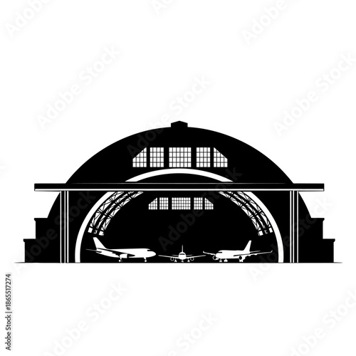 An architectural illustration depicting an airplane hangar with aircraft inside