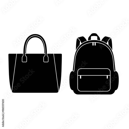 Simple black and white illustration of a tote bag and backpack side by side