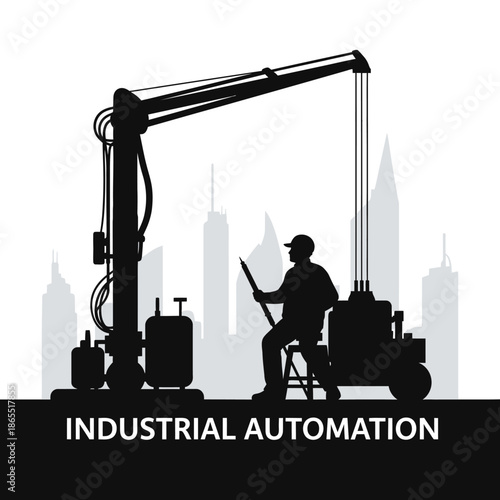 Construction worker operating a crane against a city skyline backdrop