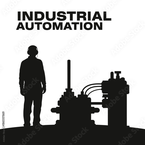 Industrial automation concept featuring a worker and robotic machinery silhouette