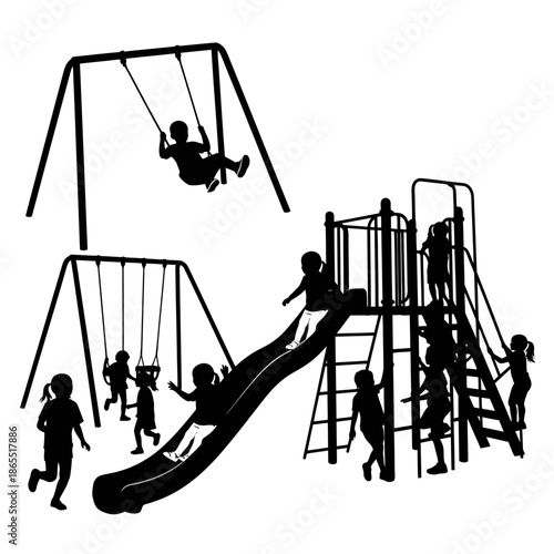Children enjoying a playground with swings a slide and climbing structures